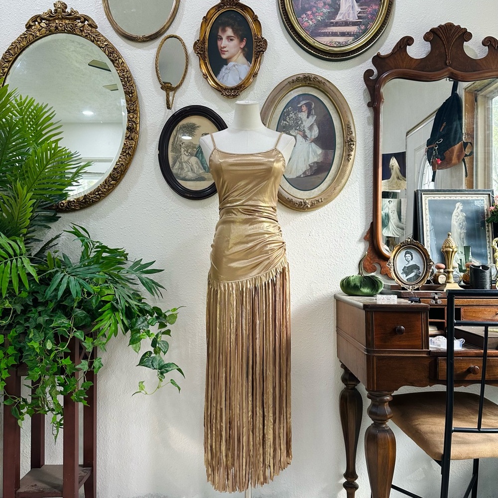 Gold Fringe Satin Evening Dress - Picture 2 of 8